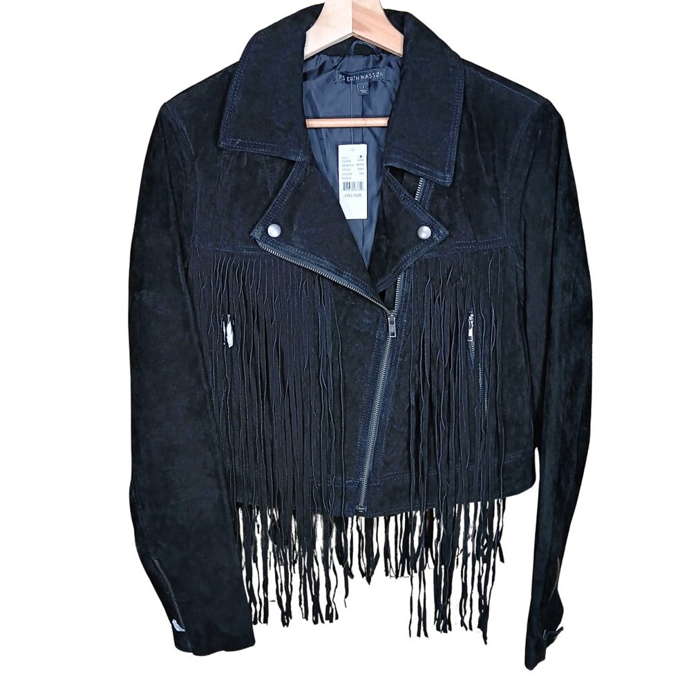 PS Erin Wasson Leather Jacket Large NWT Medium Cropped Fringe Moto Boho